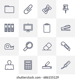 Set Of 16 Instruments Outline Icons Set.Collection Of Sharpener, Calculator, Zoom Glasses And Other Elements.