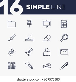 Set Of 16 Instruments Outline Icons Set.Collection Of Portfolio, Scissors, Cutter And Other Elements.