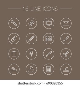 Set Of 16 Instruments Outline Icons Set.Collection Of Sticky, Sharpener, Pen And Other Elements.