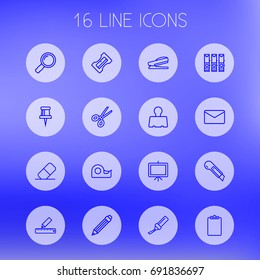 Set Of 16 Instruments Outline Icons Set.Collection Of Mail, Marker, Pushpin And Other Elements.