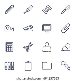 Set Of 16 Instruments Outline Icons Set.Collection Of Clipboard, Cutter, Whiteboard And Other Elements.