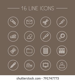 Set Of 16 Instruments Outline Icons Set.Collection Of Puncher, Drawing, Marker And Other Elements.