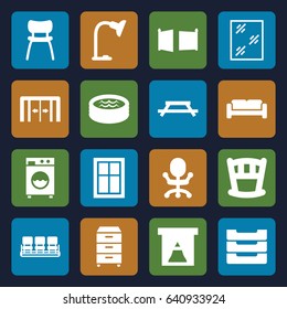 Set of 16 interior filled icons such as sliding doors, sofa, window, chair, table lamp, table box, nightstand, jacuzzi, washing machine, gate, office chair