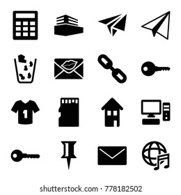 Set of 16 internet filled icons such as paper airplane, pin, key, calculator, love letter, international music, link, mail, documents box, pc, memory card, home, trash bin