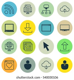 Set Of 16 Internet Icons. Includes Local Connection, Website Bookmarks, Mouse And Other Symbols. Beautiful Design Elements.