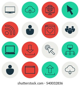 Set Of 16 Internet Icons. Includes Cursor Tap, Account, Login And Other Symbols. Beautiful Design Elements.