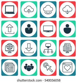 Set Of 16 Internet Icons. Includes Computer Network, Data Synchronize, Cursor Tap And Other Symbols. Beautiful Design Elements.