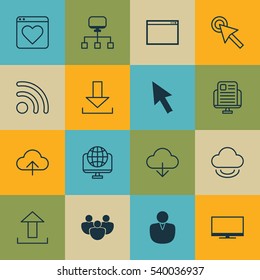 Set Of 16 Internet Icons. Includes Data Synchronize, Save Data, Followed Website And Other Symbols. Beautiful Design Elements.