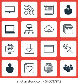 Set Of 16 Internet Icons. Includes Team, PC, Data Synchronize And Other Symbols. Beautiful Design Elements.