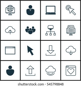 Set Of 16 Internet Icons. Includes Blog Page, PC, Human And Other Symbols. Beautiful Design Elements.