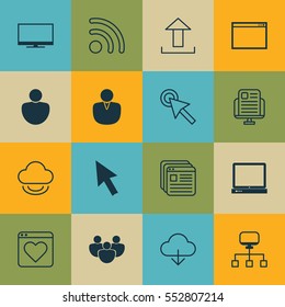 Set Of 16 Internet Icons. Includes Wifi, Local Connection, Account And Other Symbols. Beautiful Design Elements.