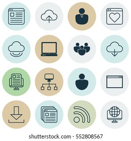 Set Of 16 Internet Icons. Includes Human, Computer Network, Save Data And Other Symbols. Beautiful Design Elements.