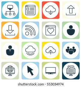 Set Of 16 Internet Icons. Includes Display, Login, Save Data And Other Symbols. Beautiful Design Elements.