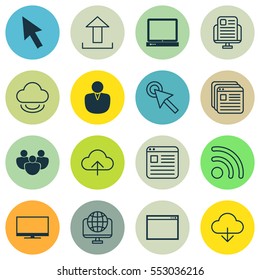 Set Of 16 Internet Icons. Includes PC, Wifi, Send Data And Other Symbols. Beautiful Design Elements.