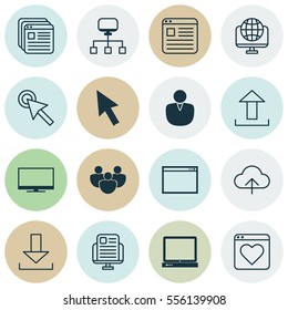 Set Of 16 Internet Icons. Includes Mouse, PC, Send Data And Other Symbols. Beautiful Design Elements.