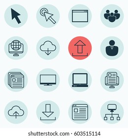 Set Of 16 Internet Icons. Includes PC, Computer Network, Mouse And Other Symbols. Beautiful Design Elements.