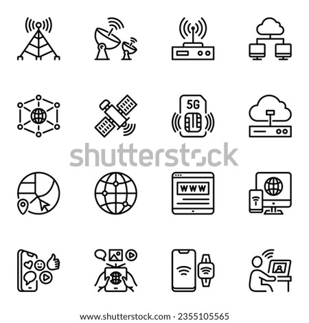set of 16 internet network line Icon. mobility, broadcast, generation, tech, stroke, wireless, connect, website, global, speed, cellphone, network, outline, telecommunications
