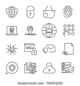 Set of 16 internet security icons. Concept of protected internet. Thin line and perfect vector for sites, apps, programs and other. Editable stroke.