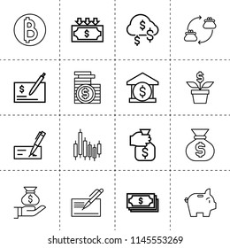 Set of 16 investment outline icons such as bank, devaluation, dollar cloud, holding money sack, check, money, piggy bank, cheque, graph