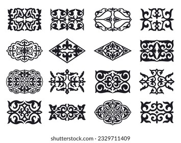 Set of 16 islamic black ornaments on background in vector. Asian new year gold decorative traditional oriental symbols. Circular ornamental arabic symbols. Abstract Asian elements of the Kazakhs