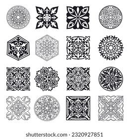 Set of 16 islamic golden ornaments on background in vector. Asian new year gold decorative traditional oriental symbols. Circular ornamental arabic symbols. Abstract Asian elements of the Kazakhs