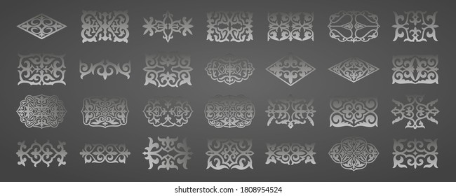 Set of 16 islamic silver ornaments on black background in vector. Circular ornamental arabic symbols. Abstract Asian elements of the national pattern of the ancient nomads of the Kazakhs, Tatars.