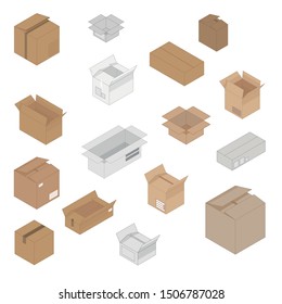 Set of 16 isolated boxes. Cardboard white and brown. Isometric style. Vector illustration.
