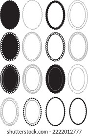 Set of 16 isolated decorative vector scalloped oval templates for design use, Oval Borders, Oval Frames, Collection of scalloped oval vectors for craft use, textiles, card-making and Templates