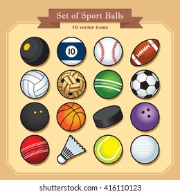 Set of 16 isolated sport ball icons / Sport vector illustration.  