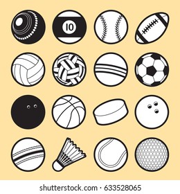 Set of 16 isolated sport ball icons in black & white. Symbol of sport balls in outline style. Vector illustration.  