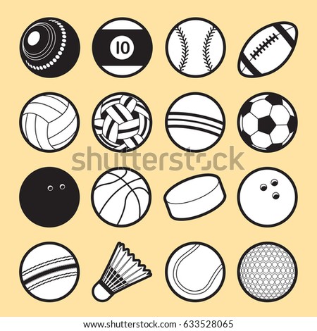 Set of 16 isolated sport ball icons in black & white. Symbol of sport balls in outline style. Vector illustration.  