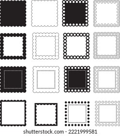 Set of 16 isolated vector decorative scalloped square templates for design use, Square Borders, Square Frames, Collection of scalloped Square vectors for craft use, textiles, card-making, Trimmings