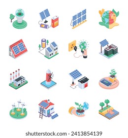 Set of 16 Isometric Style Ecosystem Icons 

