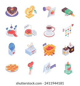 Conjunto de 16 iconos de San Valentín isométricos

