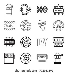 Set of 16 jackpot outline icons such as casino chip and money, 25 casino chip, casino chip, jackpot, slot machine, vegas