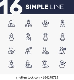 Set Of 16 Job Outline Icons Set.Collection Of Banker, Soldier, Manager And Other Elements.