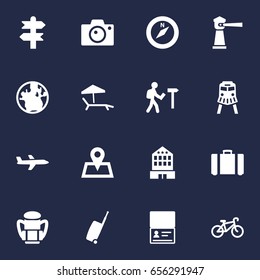 Set Of 16 Journey Icons Set.Collection Of Baggage, Traveler, Chaise Longue And Other Elements.