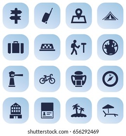 Set Of 16 Journey Icons Set.Collection Of Baggage, Building, Cab And Other Elements.