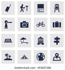 Set Of 16 Journey Icons Set.Collection Of Traveler, Booth, Cab And Other Elements.