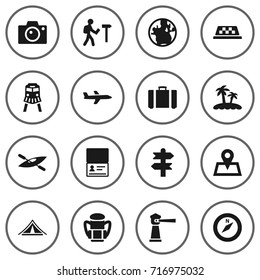 Set Of 16 Journey Icons Set.Collection Of Booth, Citizenship, Suitcase And Other Elements.