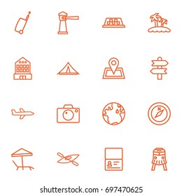 Set Of 16 Journey Outline Icons Set.Collection Of Palm, Building, Globe And Other Elements.