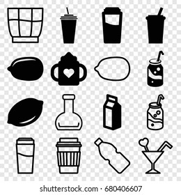 set of 16 juice filled and outline icons such as lemon, baby bottle, drink, lemon, soda, milk, cocktail