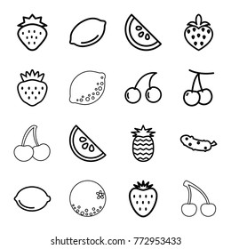 Set of 16 juicy outline icons such as strawberry, cherry, lemon, cherry, cucumber, watermelon, pineapple