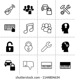 Set of 16 key filled and outline icons such as keyboard, car lock, piano, ley lock in head, key in head, privacy group, unlock, wrench, wrench hammer, car key, music, dislike