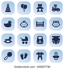 Set Of 16 Kid Icons Set.Collection Of Pram, Equine, Maraca And Other Elements.