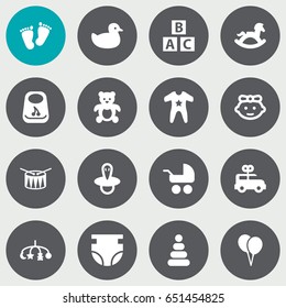 Set Of 16 Kid Icons Set.Collection Of Pram, Smock, Barrel And Other Elements.