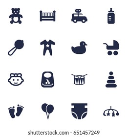 Set Of 16 Kid Icons Set.Collection Of Pram, Girl, Bus And Other Elements.