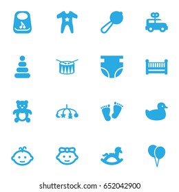 Set Of 16 Kid Icons Set.Collection Of Girl, Cot, Bus And Other Elements.