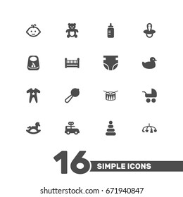 Set Of 16 Kid Icons Set.Collection Of Bear, Duck, Hangings And Other Elements.