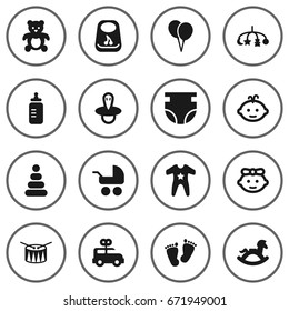 Set Of 16 Kid Icons Set.Collection Of Milk, Teat, Decoration And Other Elements.